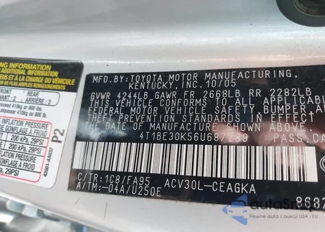 2006 Toyota Camry Xle из США, поврежденный, VIN 4T1BE30K56U687289